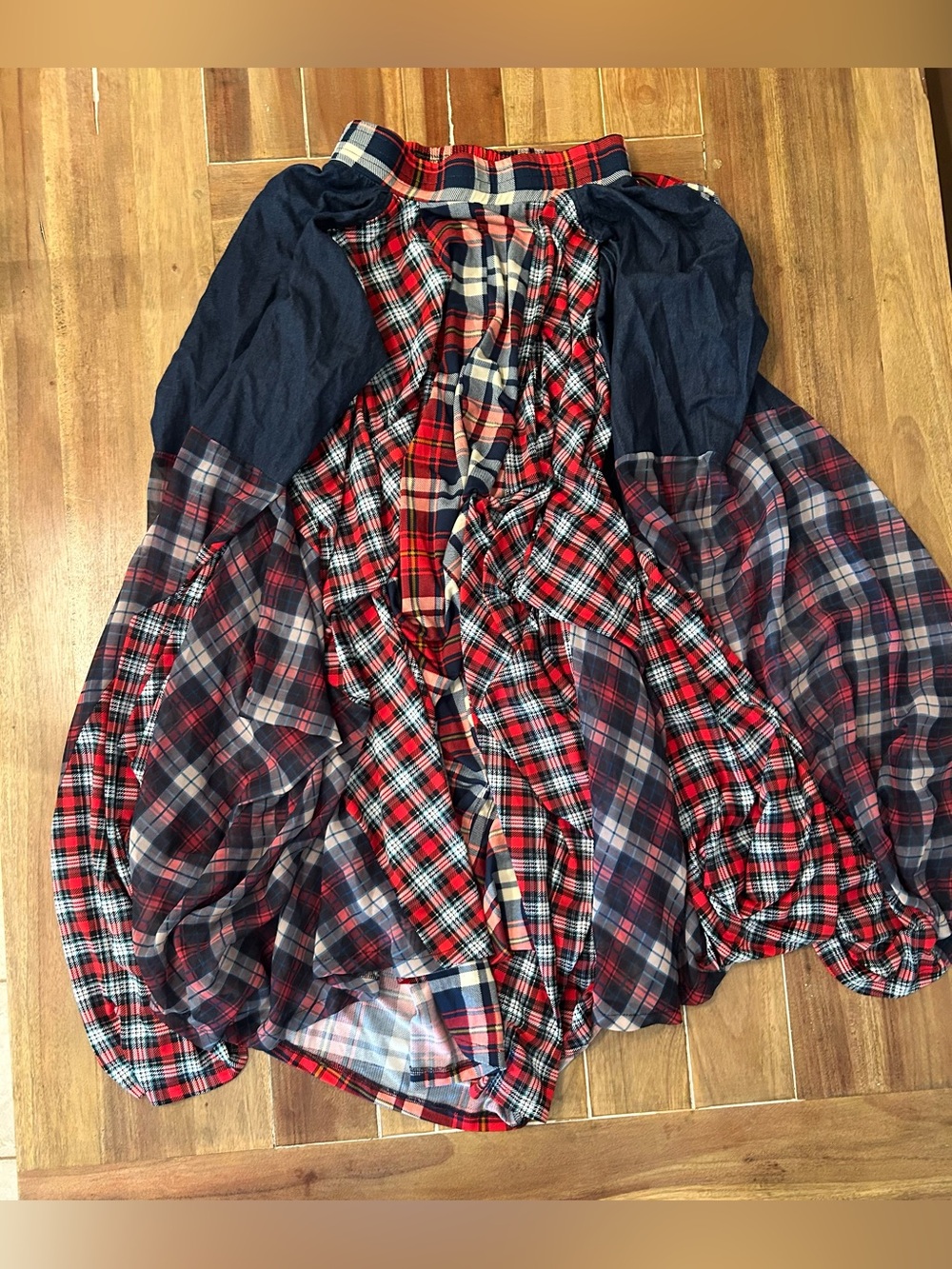 Kosmios Damsel Ruched Peasant Skirt Red Navy Plaid Maxi Small - Picture 3 of 6